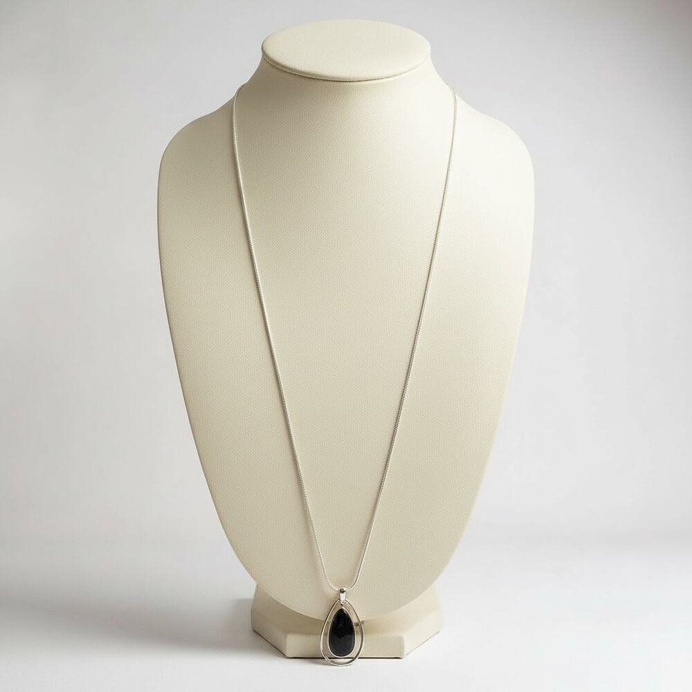Silver Tone Teardrop Pendant Necklace 36” Long Midnight Blue Faceted Stone NWT